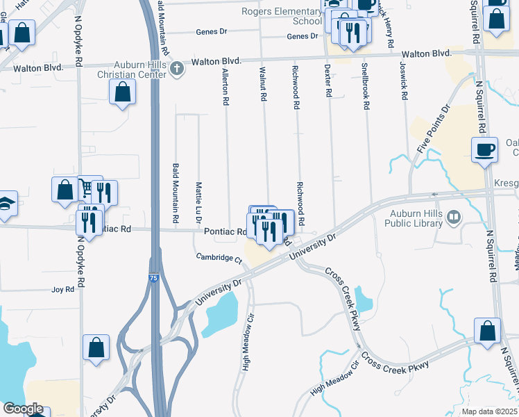 map of restaurants, bars, coffee shops, grocery stores, and more near 2027 Walnut Road in Auburn Hills