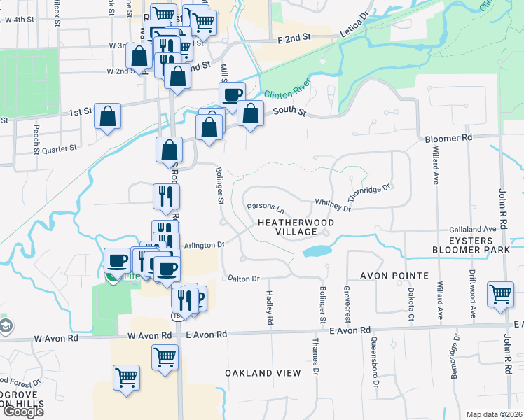 map of restaurants, bars, coffee shops, grocery stores, and more near 166 Parsons Lane in Rochester Hills