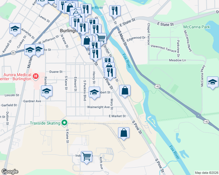 map of restaurants, bars, coffee shops, grocery stores, and more near 359 South Pine Street in Burlington