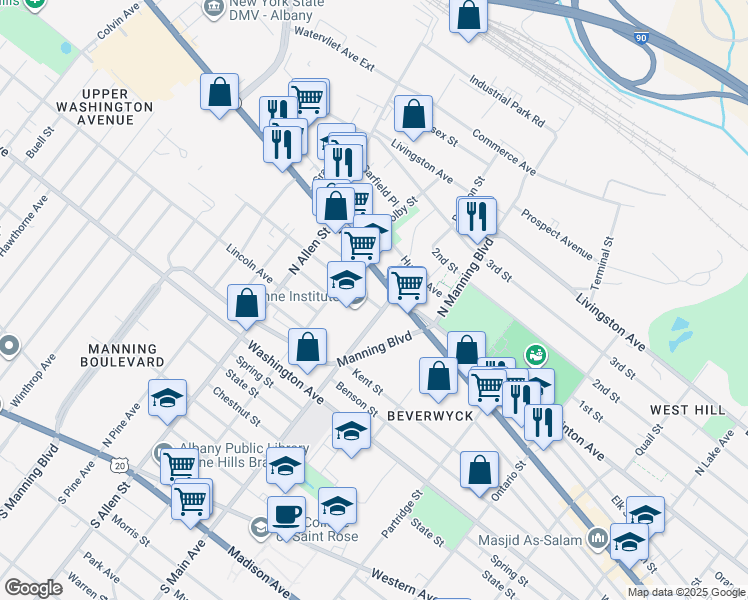 map of restaurants, bars, coffee shops, grocery stores, and more near 590 Central Avenue in Albany
