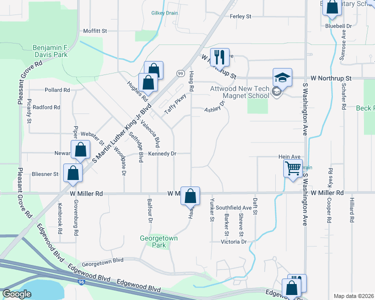 map of restaurants, bars, coffee shops, grocery stores, and more near 1500 Kennedy Drive in Lansing