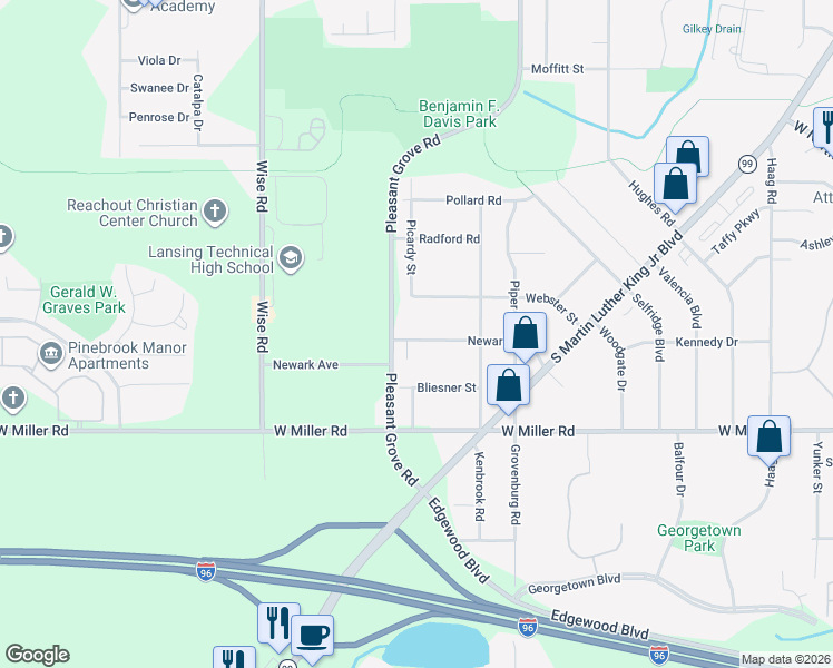 map of restaurants, bars, coffee shops, grocery stores, and more near 2500 Newark Avenue in Lansing