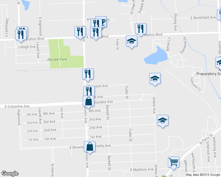 map of restaurants, bars, coffee shops, grocery stores, and more near 640 Peacock Avenue in Pontiac