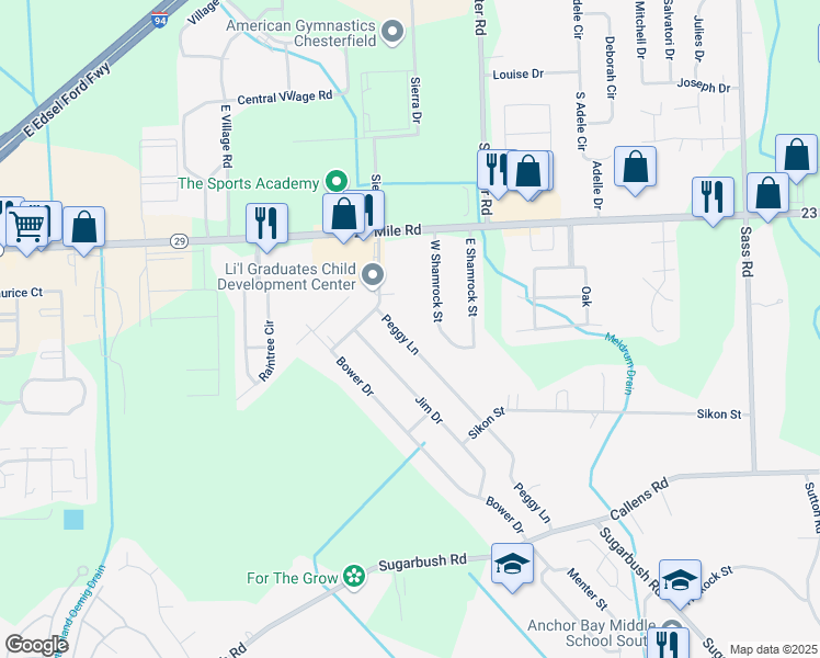map of restaurants, bars, coffee shops, grocery stores, and more near 50666 Peggy Lane in New Baltimore