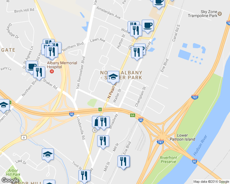 map of restaurants, bars, coffee shops, grocery stores, and more near 35 Walter St in Albany