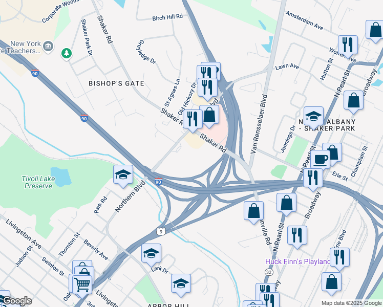 map of restaurants, bars, coffee shops, grocery stores, and more near 500 Northern Boulevard in Albany