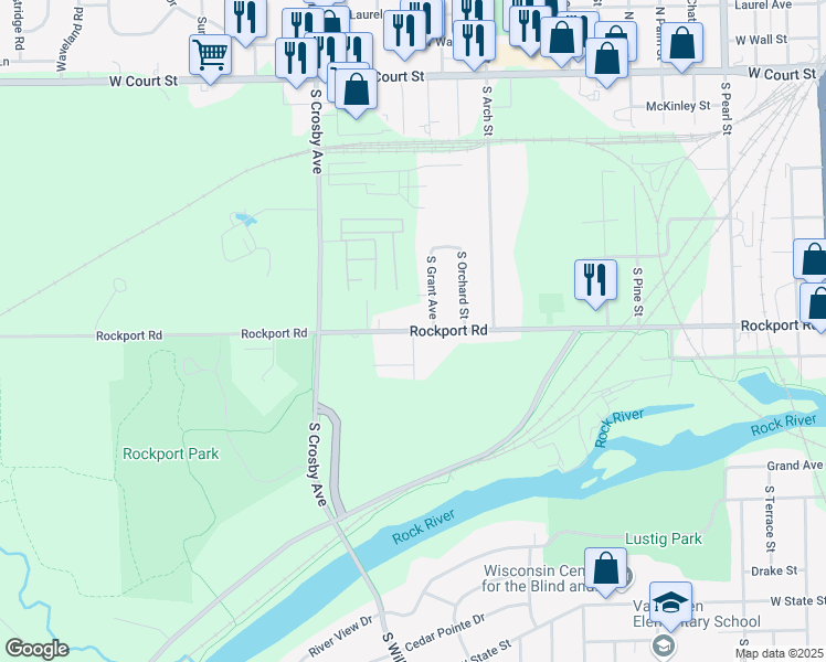 map of restaurants, bars, coffee shops, grocery stores, and more near 701 South Willard Avenue in Janesville