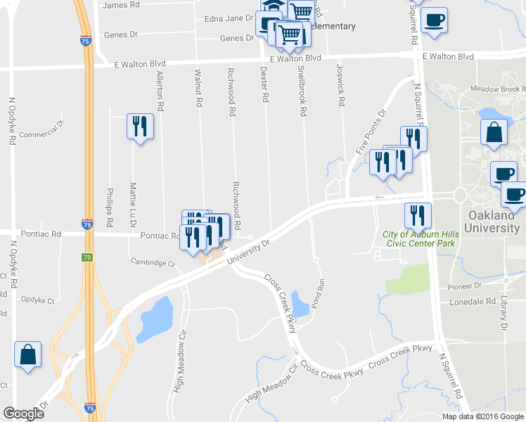map of restaurants, bars, coffee shops, grocery stores, and more near 2025 Dexter Road in Auburn Hills