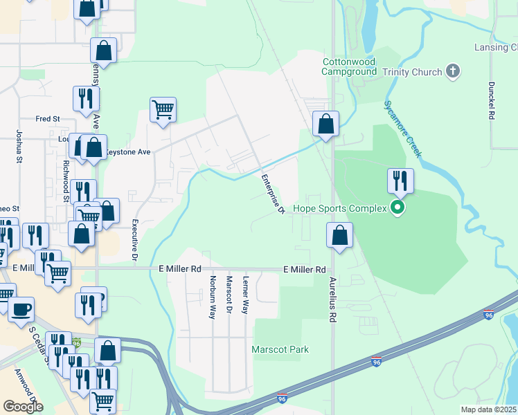 map of restaurants, bars, coffee shops, grocery stores, and more near 5840 Enterprise Drive in Lansing