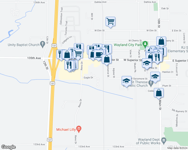 map of restaurants, bars, coffee shops, grocery stores, and more near 1115 Eagle Drive in Wayland