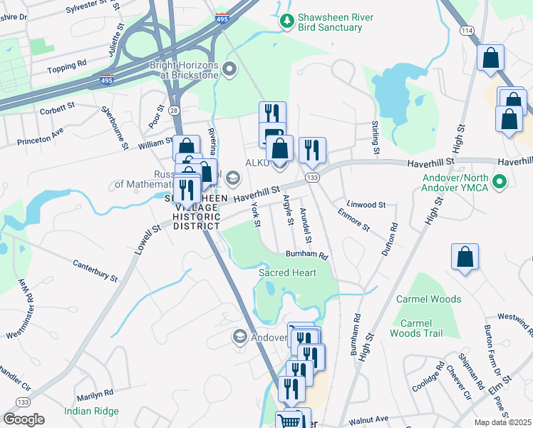 map of restaurants, bars, coffee shops, grocery stores, and more near 18 Carisbrooke Street in Andover