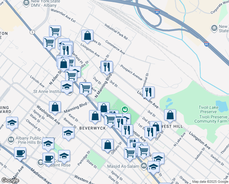map of restaurants, bars, coffee shops, grocery stores, and more near 633 2nd Street in Albany