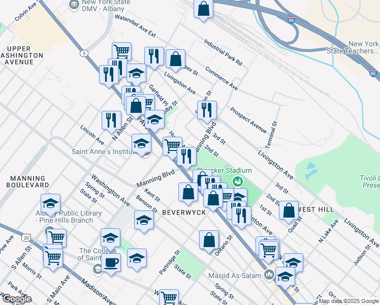 map of restaurants, bars, coffee shops, grocery stores, and more near 12 North Manning Boulevard in Albany