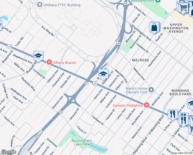 map of restaurants, bars, coffee shops, grocery stores, and more near 14 Brevator Street in Albany