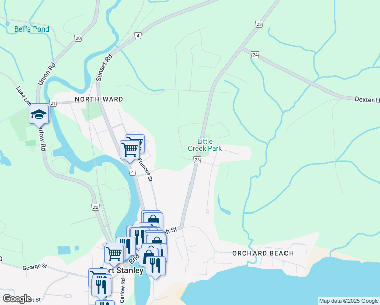 map of restaurants, bars, coffee shops, grocery stores, and more near in Port Stanley