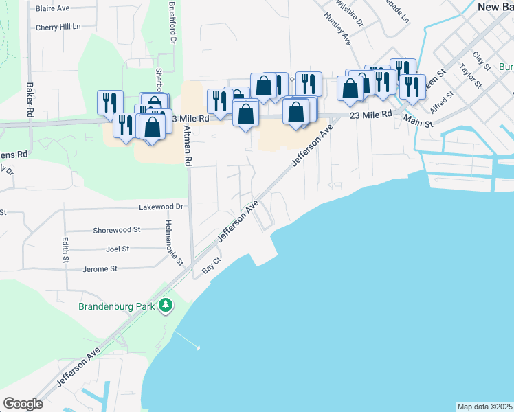 map of restaurants, bars, coffee shops, grocery stores, and more near 50671 Jefferson Avenue in New Baltimore
