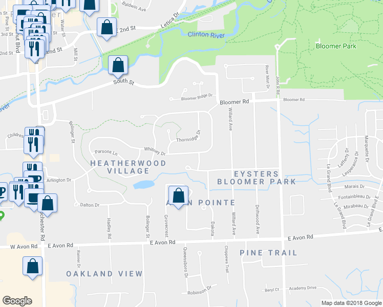 map of restaurants, bars, coffee shops, grocery stores, and more near 619 Whitney Drive in Rochester Hills