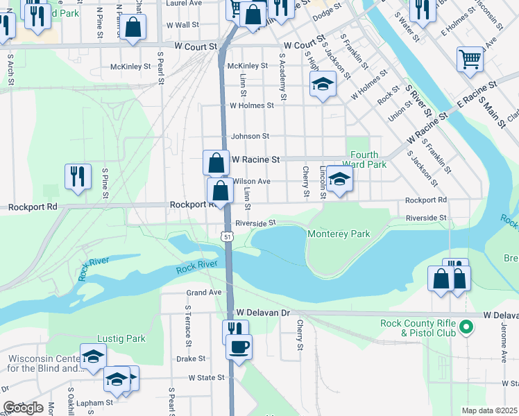 map of restaurants, bars, coffee shops, grocery stores, and more near 809 Rockport Road in Janesville