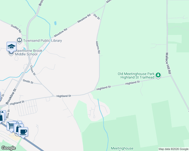 map of restaurants, bars, coffee shops, grocery stores, and more near 12 Adams Road in Townsend
