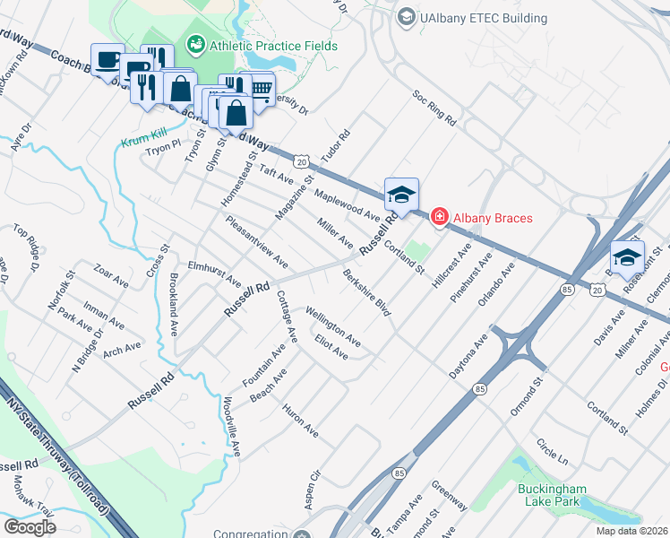 map of restaurants, bars, coffee shops, grocery stores, and more near 57 Russell Road in Albany