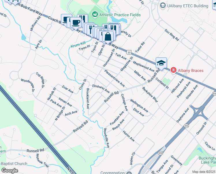 map of restaurants, bars, coffee shops, grocery stores, and more near 434 Magazine Street in Albany