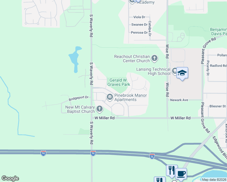 map of restaurants, bars, coffee shops, grocery stores, and more near 3636 Coachlight Common Street in Lansing