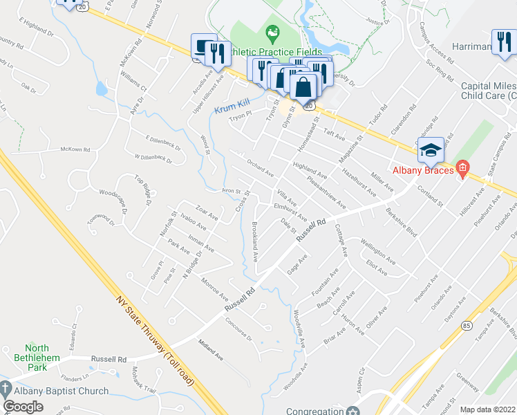 map of restaurants, bars, coffee shops, grocery stores, and more near 54 Elmhurst Avenue in Albany