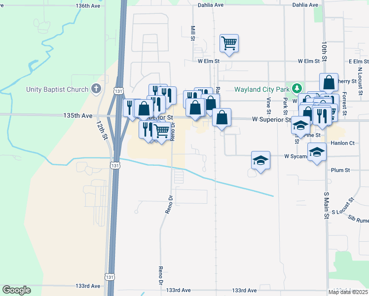 map of restaurants, bars, coffee shops, grocery stores, and more near 325 Reno Drive in Wayland
