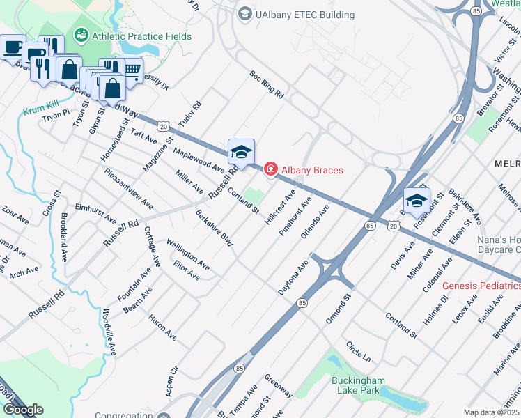 map of restaurants, bars, coffee shops, grocery stores, and more near 27 Beacon Avenue in Albany