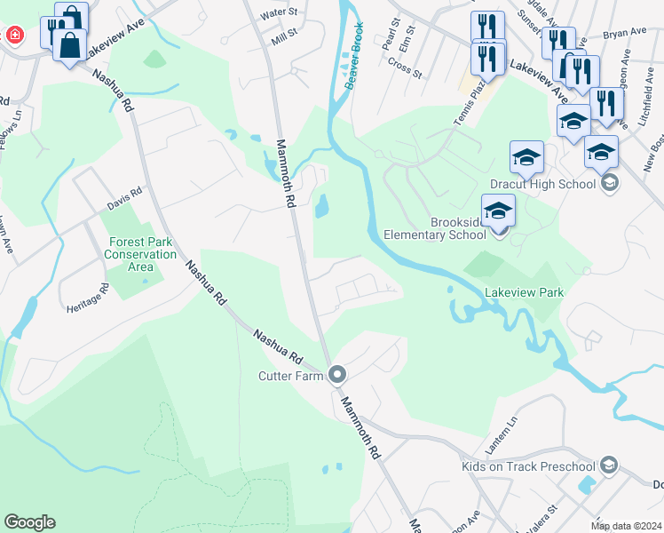 map of restaurants, bars, coffee shops, grocery stores, and more near Lafond Lane in Dracut