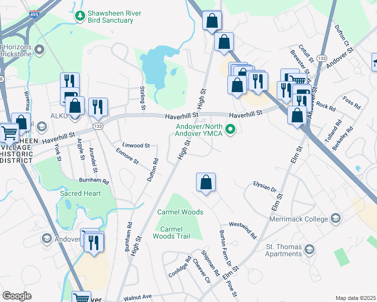map of restaurants, bars, coffee shops, grocery stores, and more near 181 High Street in Andover