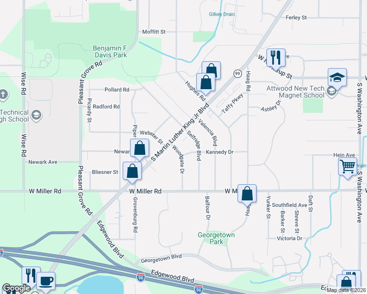 map of restaurants, bars, coffee shops, grocery stores, and more near 5937 South Martin Luther King Junior Boulevard in Lansing