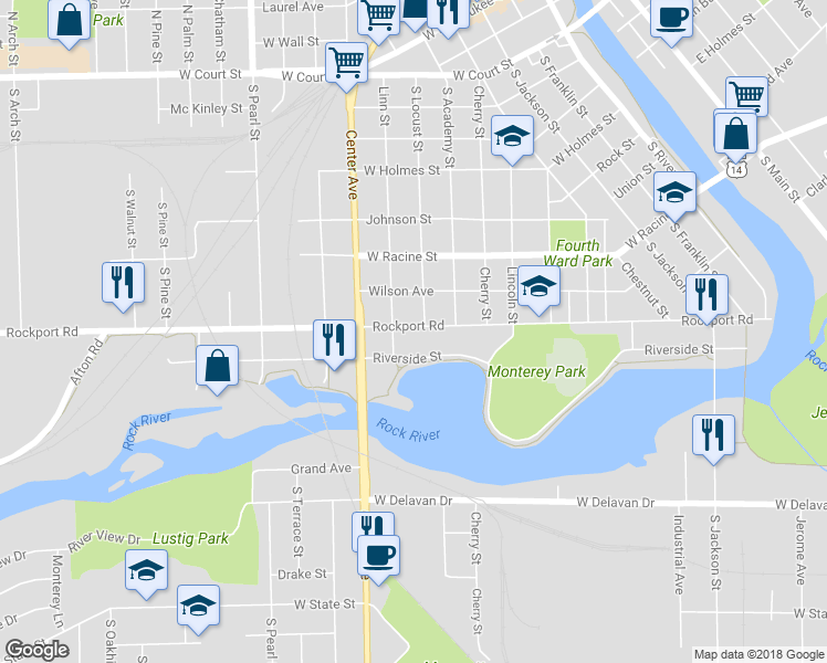 map of restaurants, bars, coffee shops, grocery stores, and more near 809 Rockport Road in Janesville