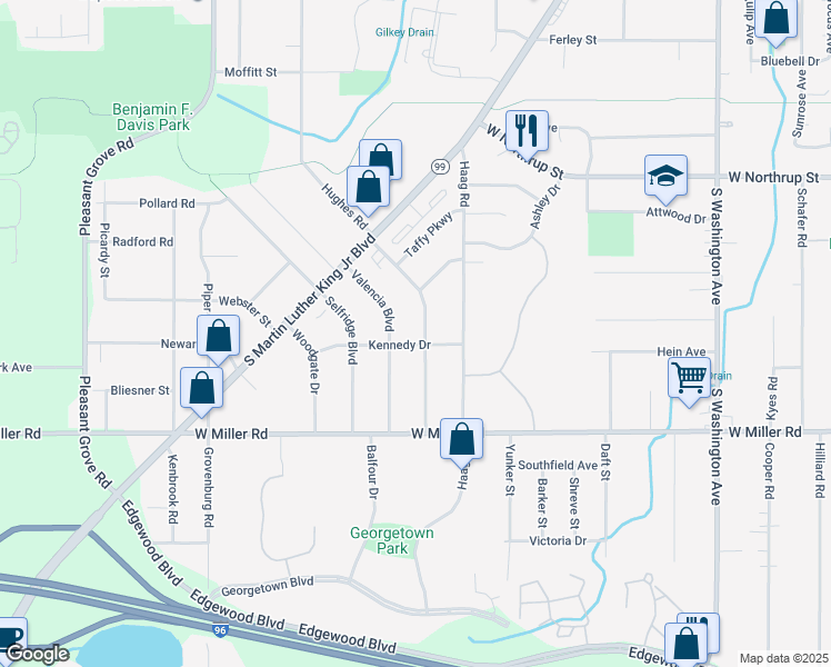 map of restaurants, bars, coffee shops, grocery stores, and more near 5936 Hughes Road in Lansing