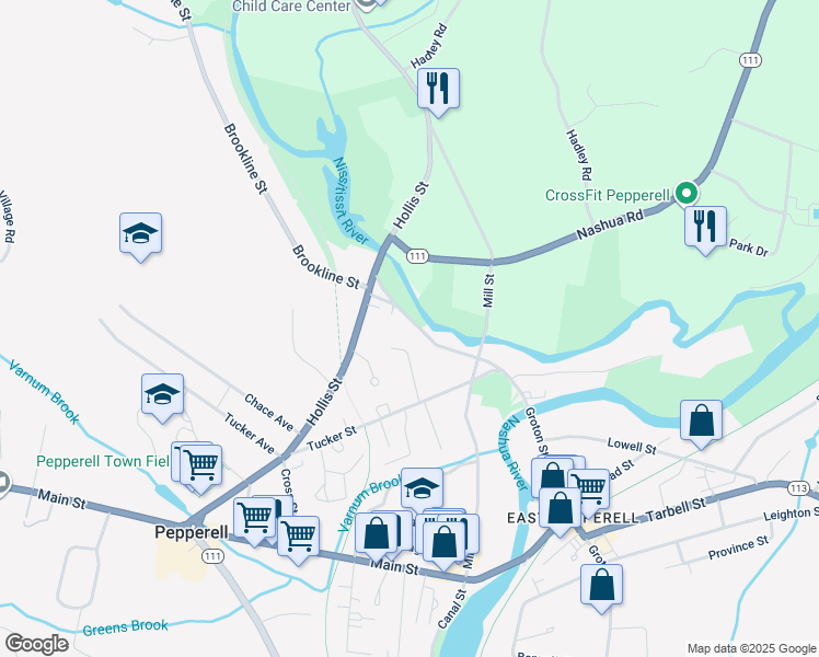 map of restaurants, bars, coffee shops, grocery stores, and more near 7 Groton Street in Pepperell