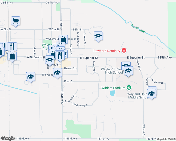 map of restaurants, bars, coffee shops, grocery stores, and more near 427 Falcon Drive in Wayland