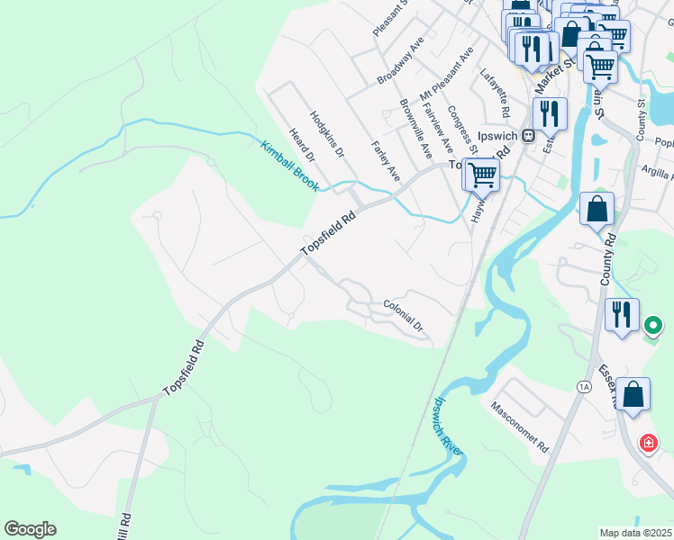 map of restaurants, bars, coffee shops, grocery stores, and more near 100 Colonial Drive in Ipswich