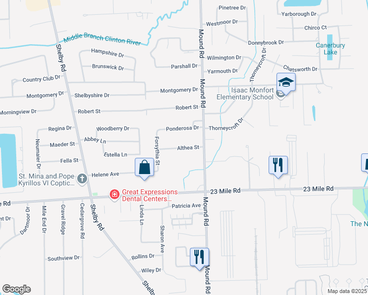 map of restaurants, bars, coffee shops, grocery stores, and more near 5621 Althea Street in Macomb County