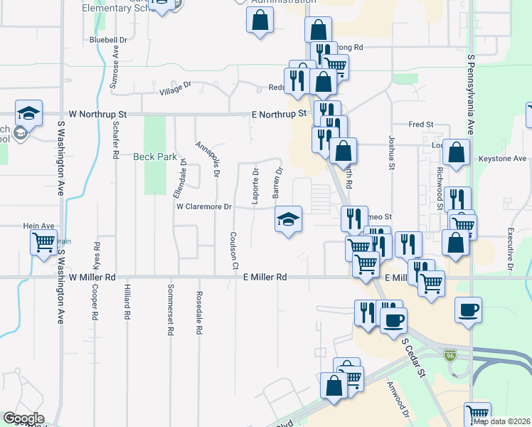 map of restaurants, bars, coffee shops, grocery stores, and more near 214 East Claremore Drive in Lansing