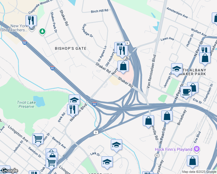 map of restaurants, bars, coffee shops, grocery stores, and more near 500 Northern Boulevard in Albany