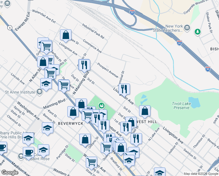 map of restaurants, bars, coffee shops, grocery stores, and more near 624 Livingston Avenue in Albany