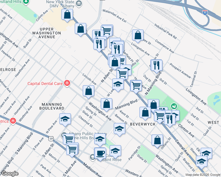 map of restaurants, bars, coffee shops, grocery stores, and more near 455 West Street in Albany
