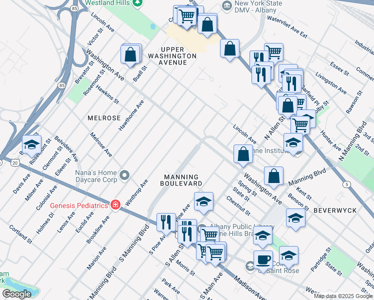 map of restaurants, bars, coffee shops, grocery stores, and more near 140 Manning Boulevard in Albany