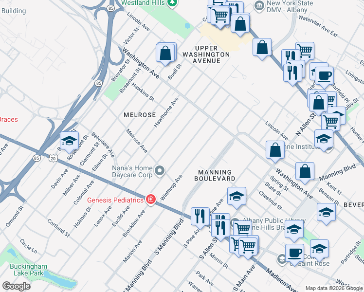 map of restaurants, bars, coffee shops, grocery stores, and more near 112 Homestead Avenue in Albany