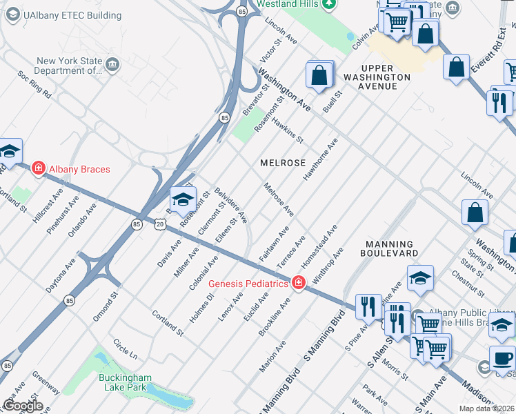 map of restaurants, bars, coffee shops, grocery stores, and more near 29 Belvidere Avenue in Albany