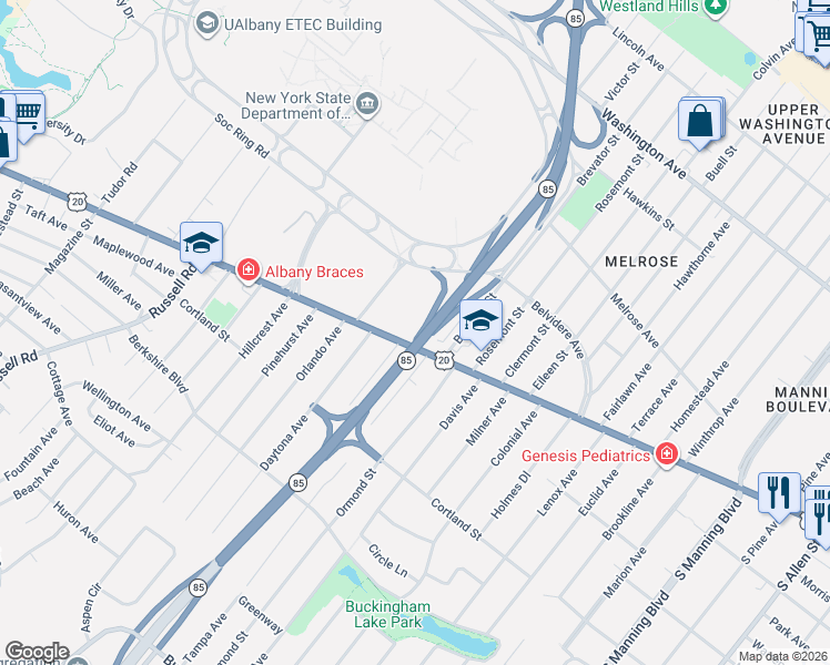 map of restaurants, bars, coffee shops, grocery stores, and more near in Albany