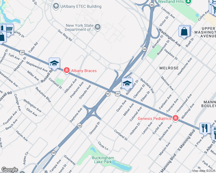 map of restaurants, bars, coffee shops, grocery stores, and more near 884 Western Avenue in Albany