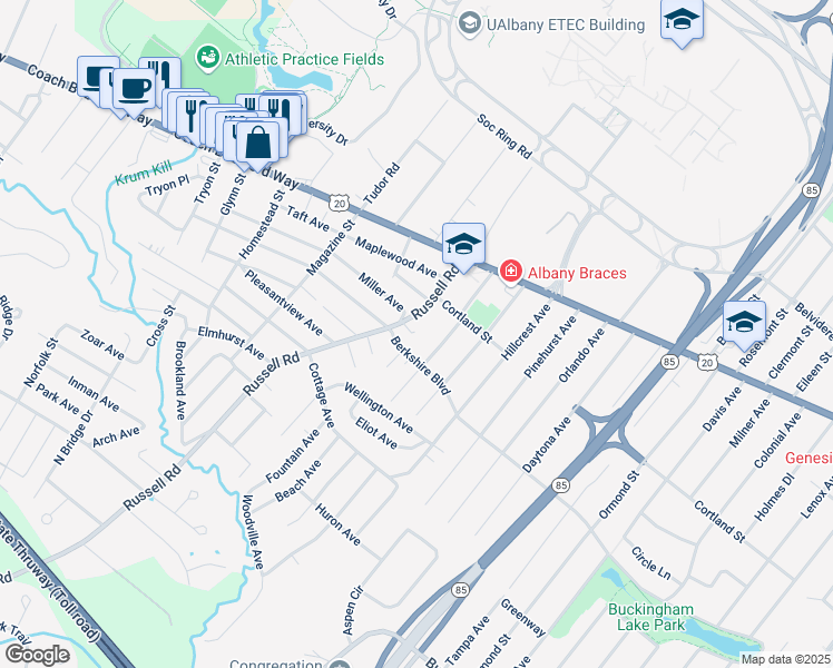 map of restaurants, bars, coffee shops, grocery stores, and more near 49 Russell Blessing Road in Albany