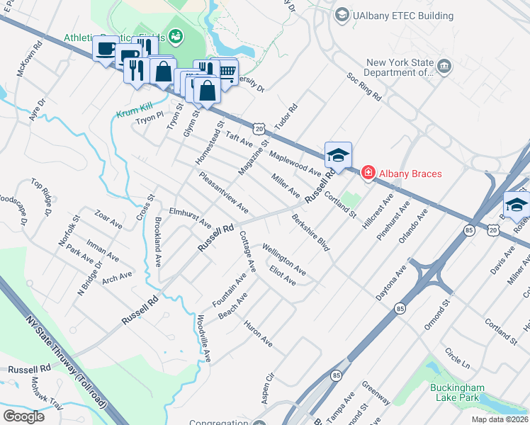 map of restaurants, bars, coffee shops, grocery stores, and more near 76 Russell Road in Albany