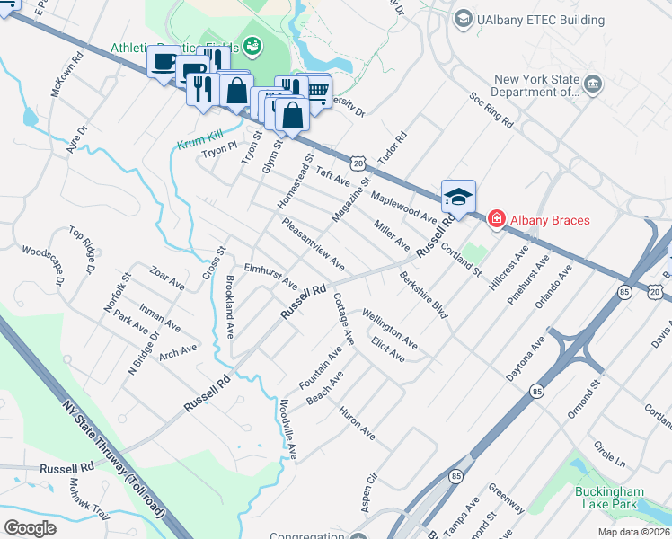 map of restaurants, bars, coffee shops, grocery stores, and more near 123 Cottage Avenue in Albany